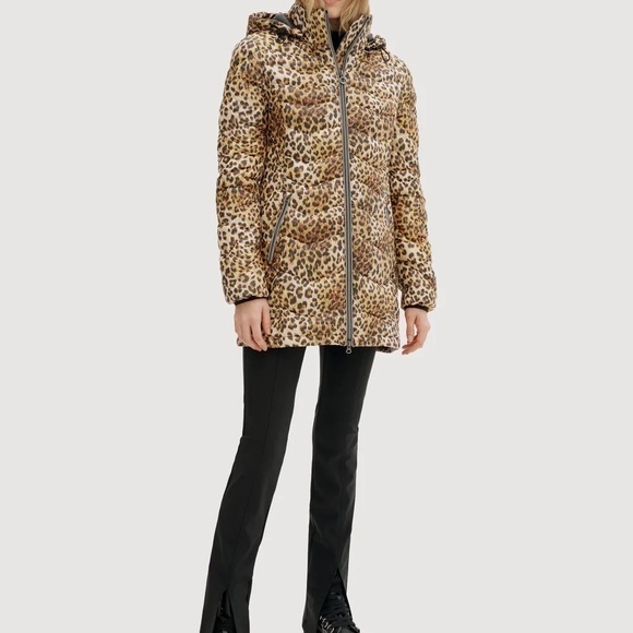 NWT Noize Vegan Claire Mid Length Puffer Coat Citrine Cheetah - Picture 2 of 14